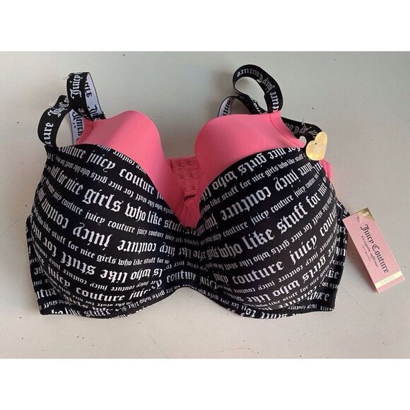 2 Pack Juicy Couture Sexy Push Up Bra JC8412 Wordplay Logo Black Pink Sz 40D NEW - Picture 1 of 9